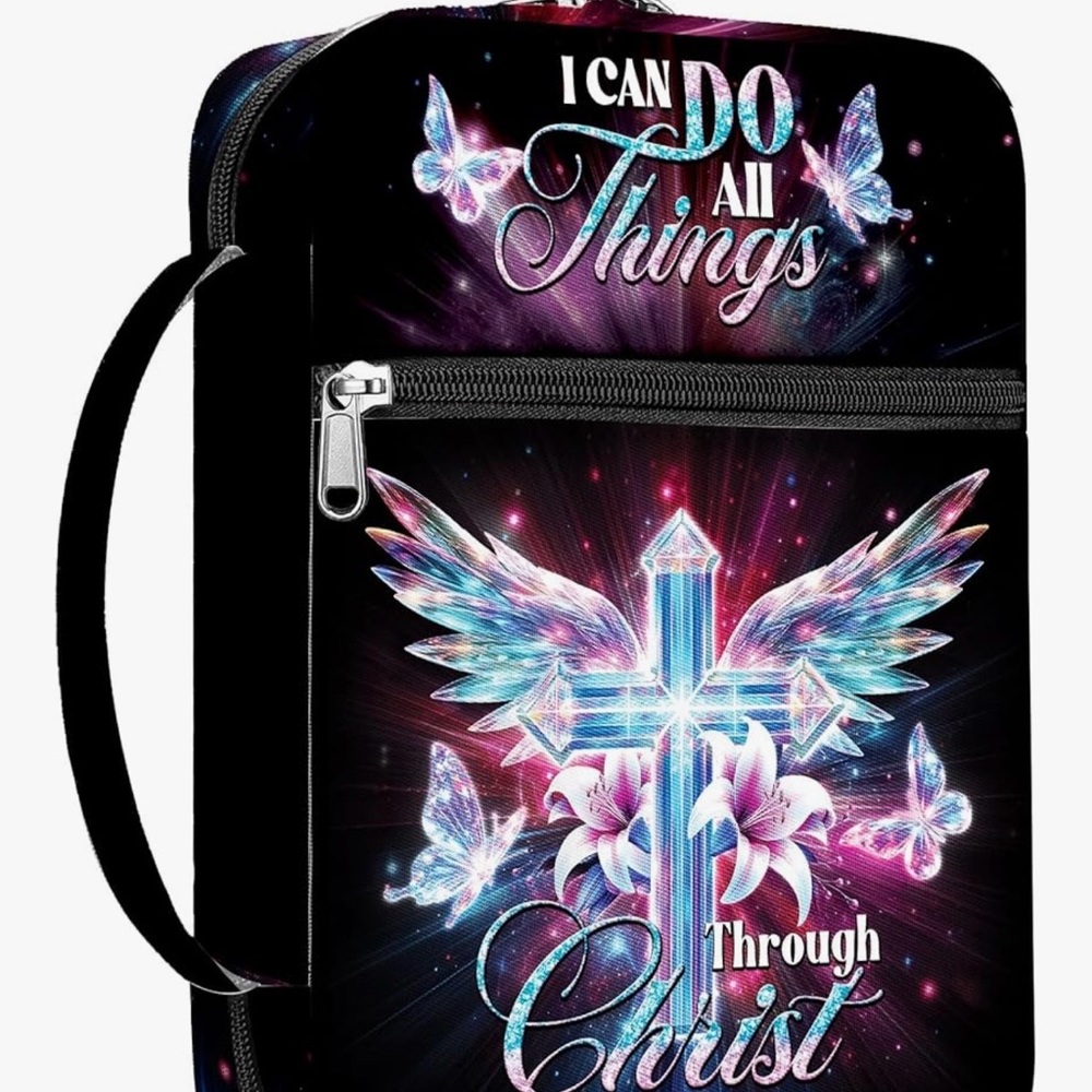 Inspirational Cross Graphic Bible Cover- Black with Iridescent Pink & Blue
